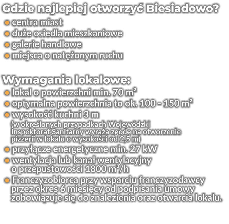 Gdzie najlepiej otworzyć Biesiadowo?
• centra miast
• duże osiedla mieszkaniowe
• galerie handlowe
• miejsca o natężonym ruchu
Wymagania lokalowe:
• lokal o powierzchni min. 70 m2
• optymalna powierzchnia to ok. 100 - 150 m2
• wysokość kuchni 3 m
(w określonych przypadkach Wojewódzki
Inspektorat Sanitarny wyraża zgodę na otworzenie
pizzerii w lokalu o wysokości od 2,5 m)
• przyłącze energetyczne min. 27 kW
• wentylacja lub kanał wentylacyjny
o przepustowości 1800 m3/h
• Franczyzobiorca przy wsparciu franczyzodawcy
przez okres 6 miesięcy od podpisania umowy
zobowiązuje się do znalezienia oraz otwarcia lokalu.